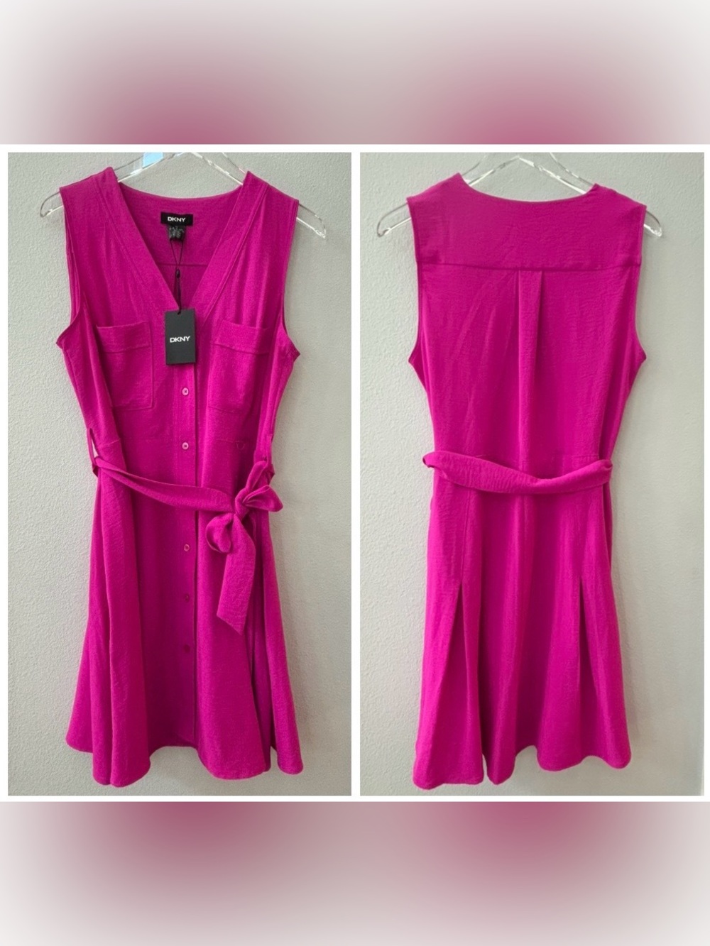 NWT DKNY Size 12 Raspberry Pink Sleeveless Button Front Tie Belt Dress